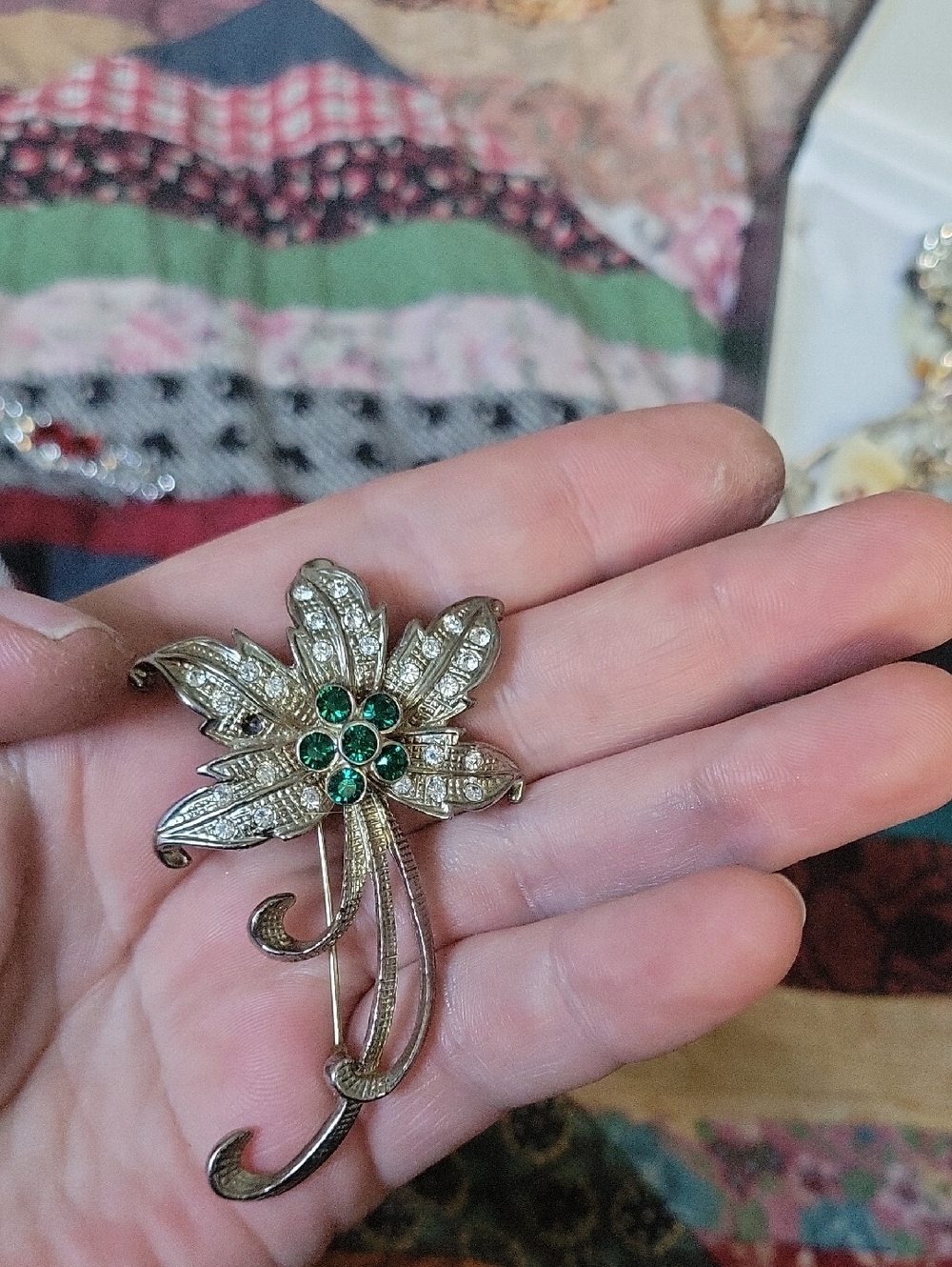 Vintage Floral Crystal Brooch with Emerald Green Accents